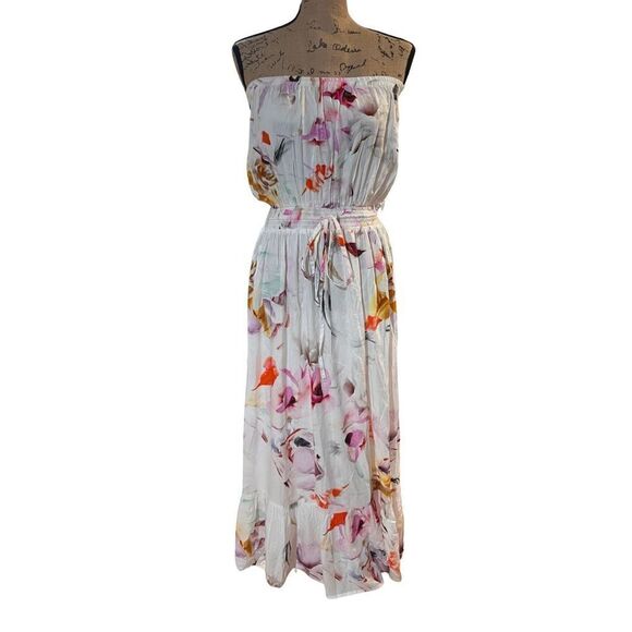 Plum Pretty Sugar White Floral Strapless Casual Women’s  Maxi Dress Bridesmaid L - Picture 1 of 11